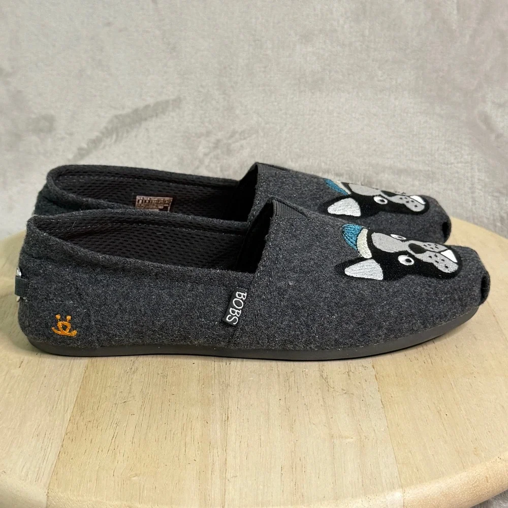 Skechers BOBS for Dogs Frenchie Boston Terrier Gray Felt Flats 34407 Womens‎ 8